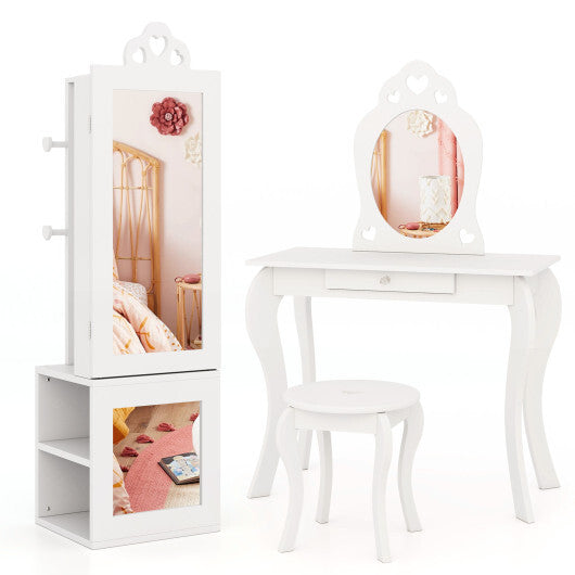 3-in-1 Freestanding Kids Jewelry Cabinet Armoire with Full Length Mirror-Pink W2B