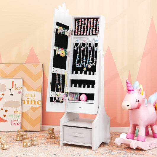 Kids Princess Vanity Table and Stool Set with Jewelry Cabinet and Mirror Drawer-White