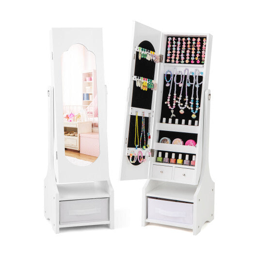 Freestanding Kids Jewelry Armoire Cabinet with Storage and 2 Tilt Angles-White W2B