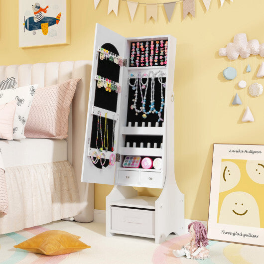 Freestanding Kids Jewelry Armoire Cabinet with Storage and 2 Tilt Angles-White W2B