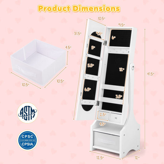 Freestanding Kids Jewelry Armoire Cabinet with Storage and 2 Tilt Angles-White W2B