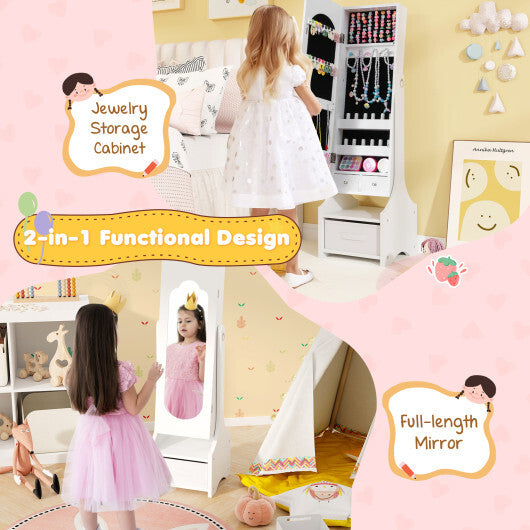 Freestanding Kids Jewelry Armoire Cabinet with Storage and 2 Tilt Angles-White W2B