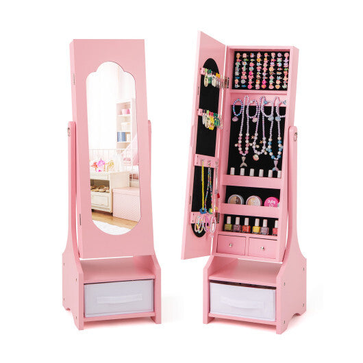 Freestanding Kids Jewelry Armoire Cabinet with Storage and 2 Tilt Angles-White W2B