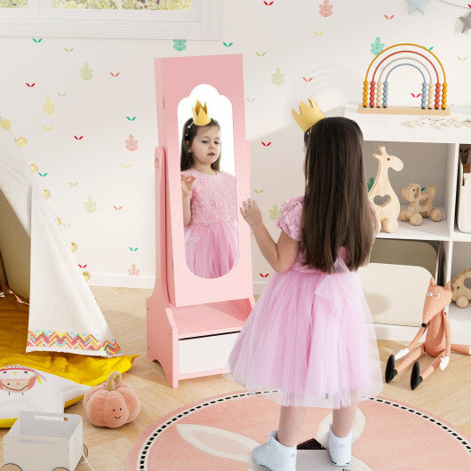 Freestanding Kids Jewelry Armoire Cabinet with Storage and 2 Tilt Angles-White W2B