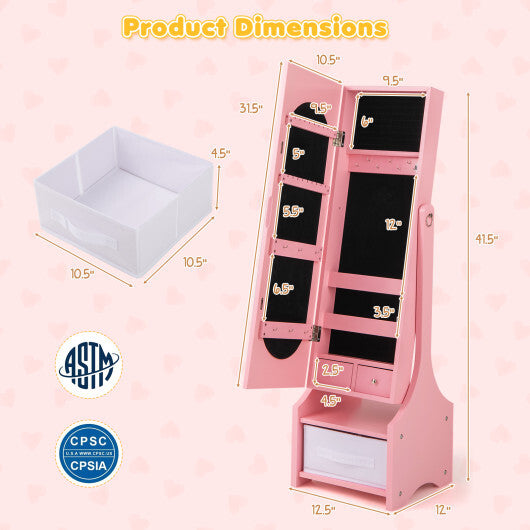 Freestanding Kids Jewelry Armoire Cabinet with Storage and 2 Tilt Angles-White W2B