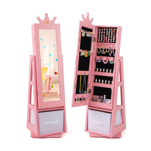 Kids Jewelry Armoire Cabinet with Large Storage Capacity and Swivel Base-Pink W2B