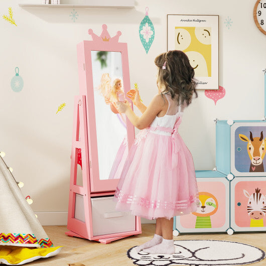 Kids Jewelry Armoire Cabinet with Large Storage Capacity and Swivel Base-Pink W2B
