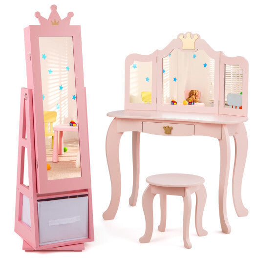 Kids Jewelry Armoire Cabinet with Large Storage Capacity and Swivel Base-Pink W2B