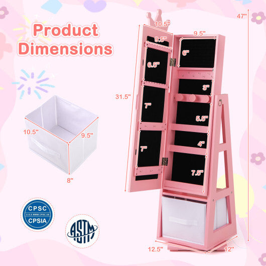 Kids Jewelry Armoire Cabinet with Large Storage Capacity and Swivel Base-Pink W2B