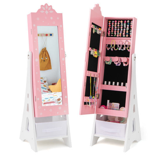 Kids Jewelry Cabinet with Full-Length Mirror and Foldable Drawer-Pink