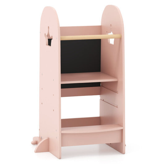 Kids Kitchen Tower Adjustable with Chalkboard and Safety Rail-Pink