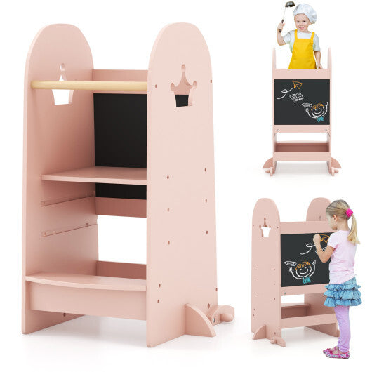 Kids Kitchen Tower Adjustable with Chalkboard and Safety Rail-Pink