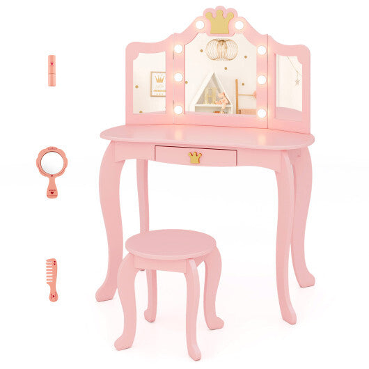 Kids Vanity Set with Tri-fold Lighted Mirror Detachable Top and Stool-Pink