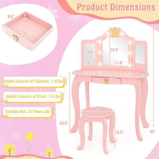 Kids Vanity Set with Tri-fold Lighted Mirror Detachable Top and Stool-Pink