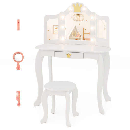 Kids Vanity Set with Tri-fold Lighted Mirror Detachable Top and Stool-Pink