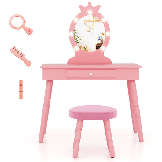 Kids Vanity Set with Lighted Mirror with Adjustable Brightness and Large Drawer-Pink W2B