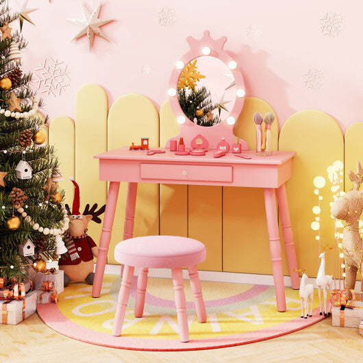 Kids Vanity Set with Lighted Mirror with Adjustable Brightness and Large Drawer-Pink W2B