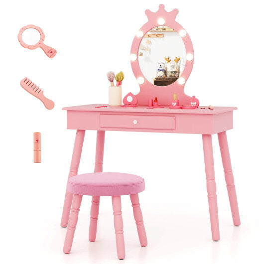Kids Vanity Set with Lighted Mirror with Adjustable Brightness and Large Drawer-Pink W2B