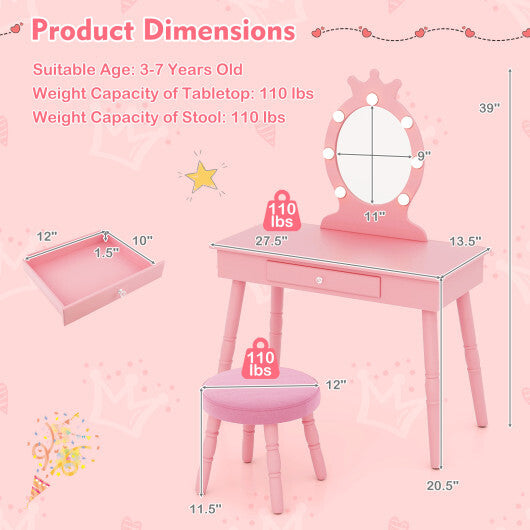 Kids Vanity Set with Lighted Mirror with Adjustable Brightness and Large Drawer-Pink W2B