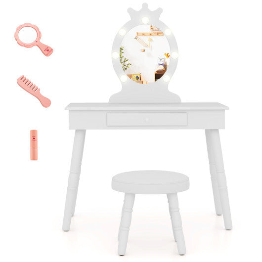 Kids Vanity Set with Lighted Mirror with Adjustable Brightness and Large Drawer-Pink W2B