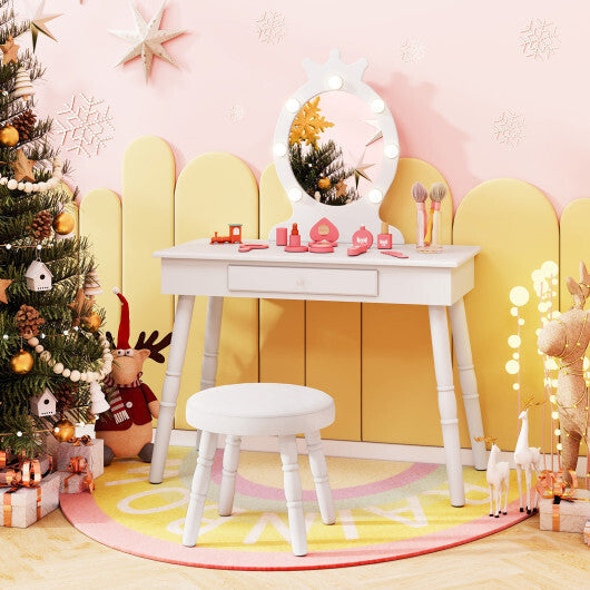 Kids Vanity Set with Lighted Mirror with Adjustable Brightness and Large Drawer-Pink W2B