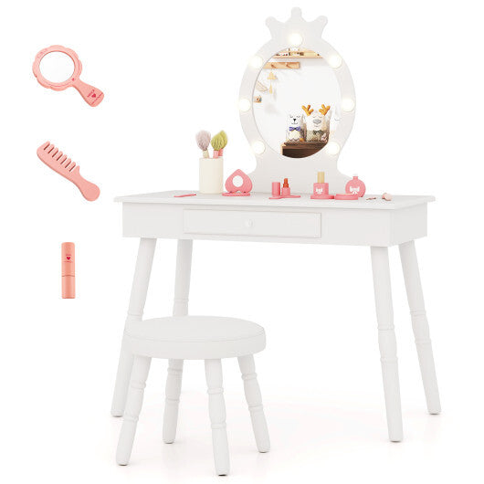 Kids Vanity Set with Lighted Mirror with Adjustable Brightness and Large Drawer-Pink W2B