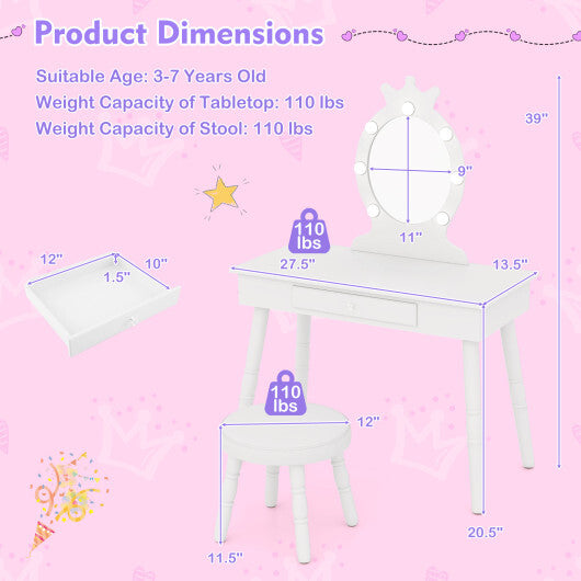 Kids Vanity Set with Lighted Mirror with Adjustable Brightness and Large Drawer-Pink W2B