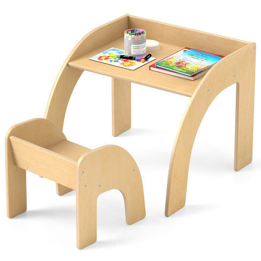 Kids Table and Chair Set with Wide Tabletop and Curved Edges for Kids Room-Natural W2B