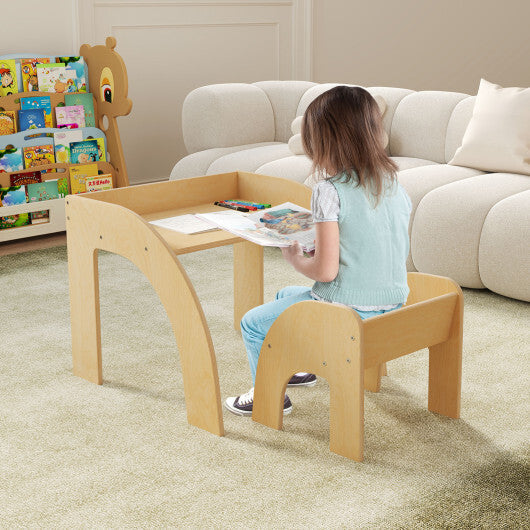 Kids Table and Chair Set with Wide Tabletop and Curved Edges for Kids Room-Natural W2B