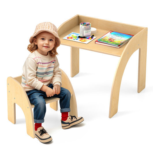 Kids Table and Chair Set with Wide Tabletop and Curved Edges for Kids Room-Natural W2B