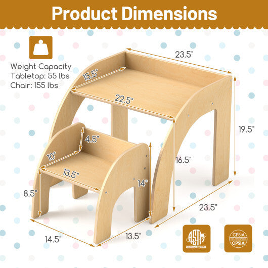Kids Table and Chair Set with Wide Tabletop and Curved Edges for Kids Room-Natural W2B