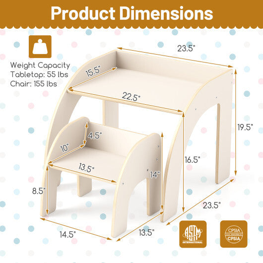 Kids Table and Chair Set with Wide Tabletop and Curved Edges for Kids Room-Natural W2B