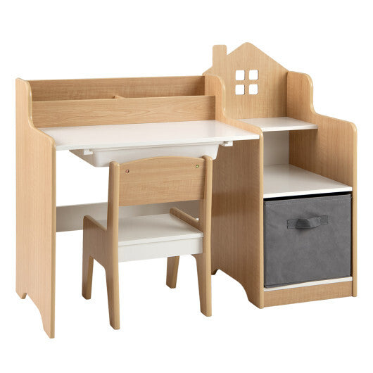 Kids Study Desk and Chair Set with Open Shelves Drawer and Fabric Storage Bin-Natural - Color: Natural W2B