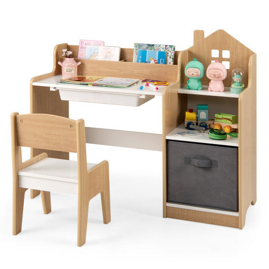 Kids Study Desk and Chair Set with Open Shelves Drawer and Fabric Storage Bin-Natural - Color: Natural W2B