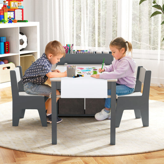 Kids Art Table and Chairs Set with 2 Chairs and Paper Roll-Gray W2B