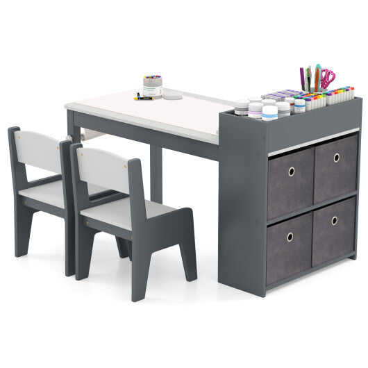 Kids Art Table and Chairs Set with 2 Chairs and Paper Roll-Gray W2B
