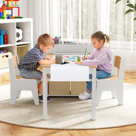 Kids Art Table and Chairs Set with 2 Chairs and Paper Roll-Gray W2B