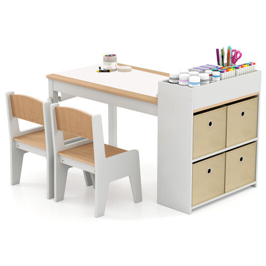 Kids Art Table and Chairs Set with 2 Chairs and Paper Roll-Gray W2B
