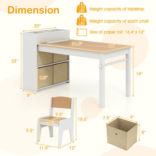 Kids Art Table and Chairs Set with 2 Chairs and Paper Roll-Gray W2B