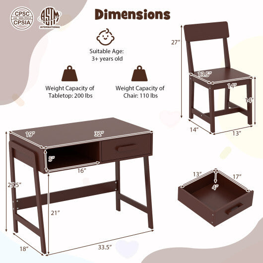 Kids Desk and Chair Set with Storage Drawer and Hutch-Pink W2B