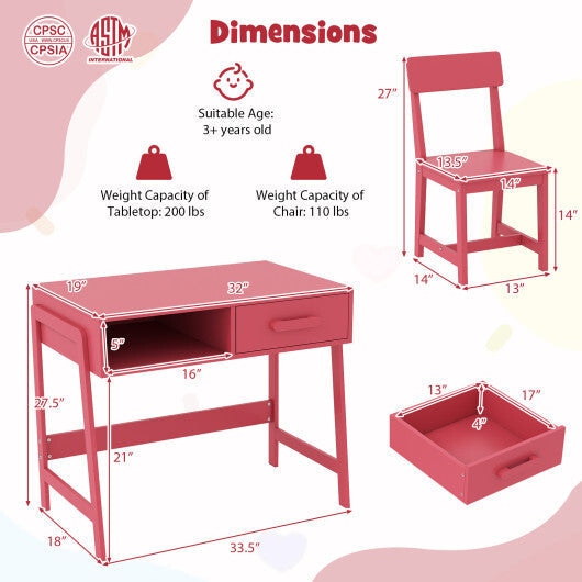 Kids Desk and Chair Set with Storage Drawer and Hutch-Pink W2B