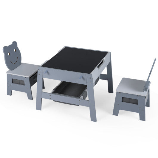 Toddler Table and 2 Chairs 5-in-1 Cute Art Desk Set with Reversible Chalkboard Whiteboard-Grey W2B