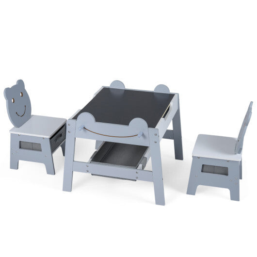 5-in-1 Toddler Table and 2 Chairs Cute Art Desk Set with Reversible Chalkboard Whiteboard-Grey W2B