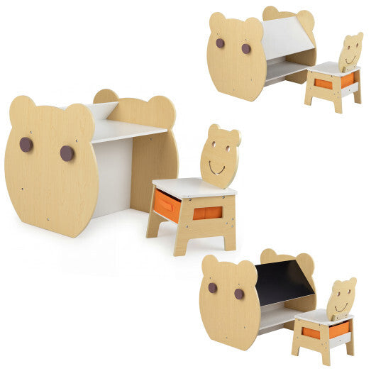 3-in-1 Kids Art Table and Chair with Storage and Reversible Whiteboard Chalkboard for Ages 3-10 Years Old-White W2B