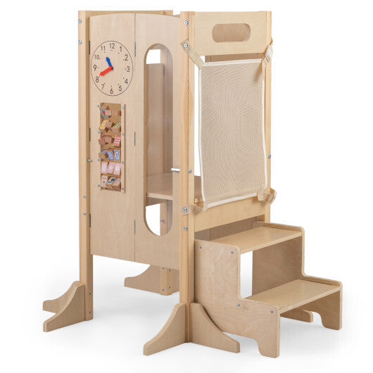 Foldable Toddler Tower with 2-Step Stool and Safety Net for 3+ Years Old W2B