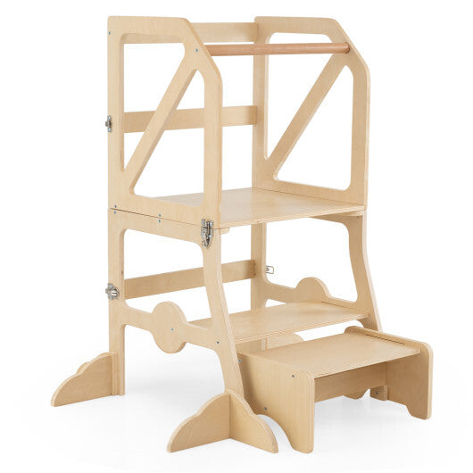 Multifunctional Kids Kitchen Step Stool with Removable Safety Bar and Fixing Buckles W2B