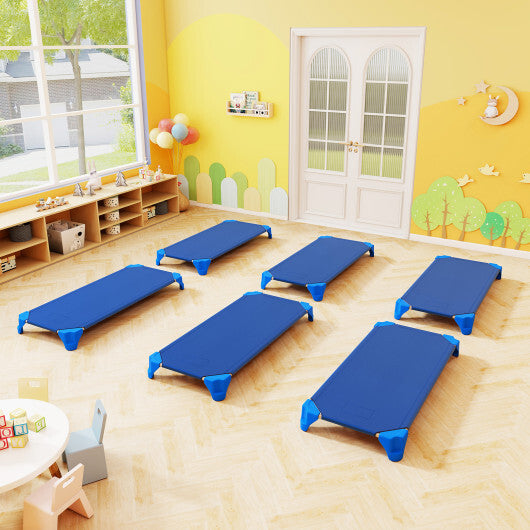 Portable 6 Pack Stackable Daycare Cots Sleeping Bed for Kids 52 Inch-Blue