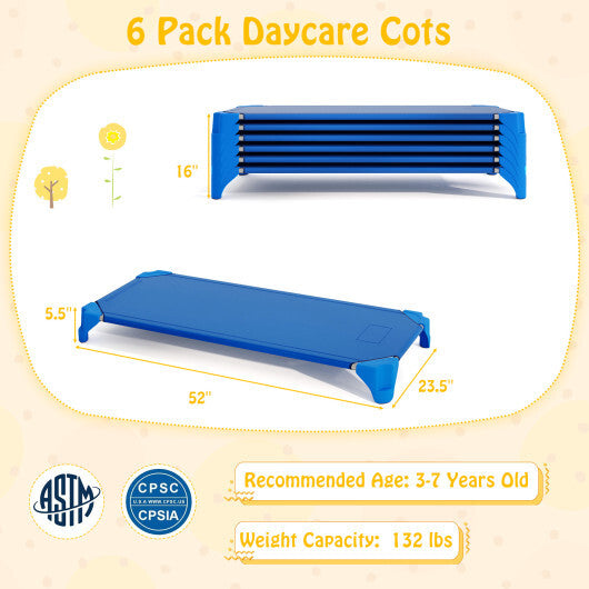 Portable 6 Pack Stackable Daycare Cots Sleeping Bed for Kids 52 Inch-Blue W2B