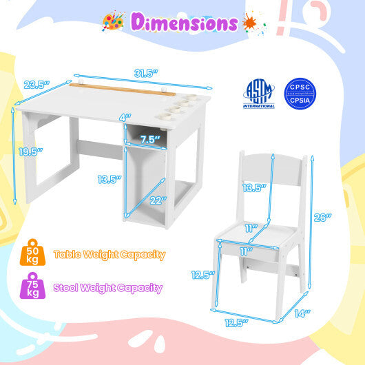 Kids Art Table and Chair Set Toddler Craft Drawing Desk-White W2B