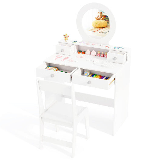 Kids Vanity Set with Mirror Princess Makeup Dressing Desk and Chair Set with Mirror-White